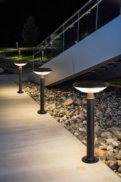 Round Moon Series solar lawn lights used along an outdoor stairway landscape