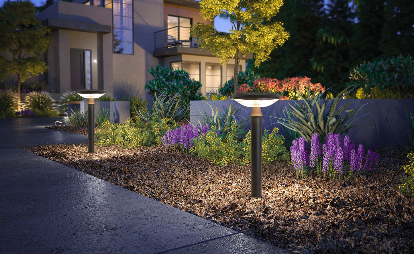 Round Moon Series solar lawn lights installed in a villa landscape garden