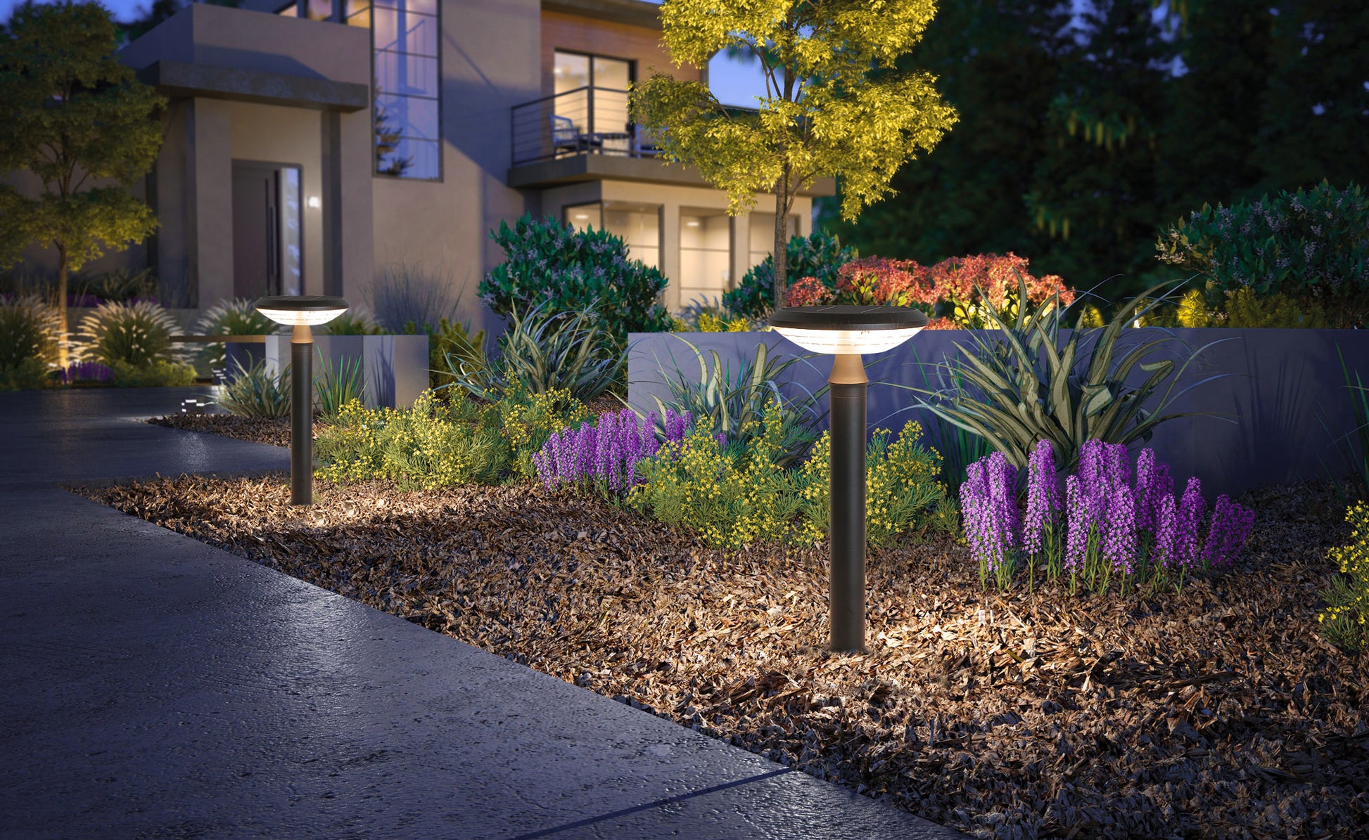 Round Moon Series solar lawn lights installed in a villa landscape garden