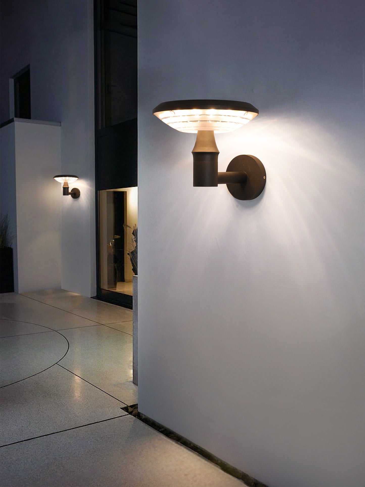 Round Moon Series solar wall lights BD3202 used in a modern courtyard wall lighting project