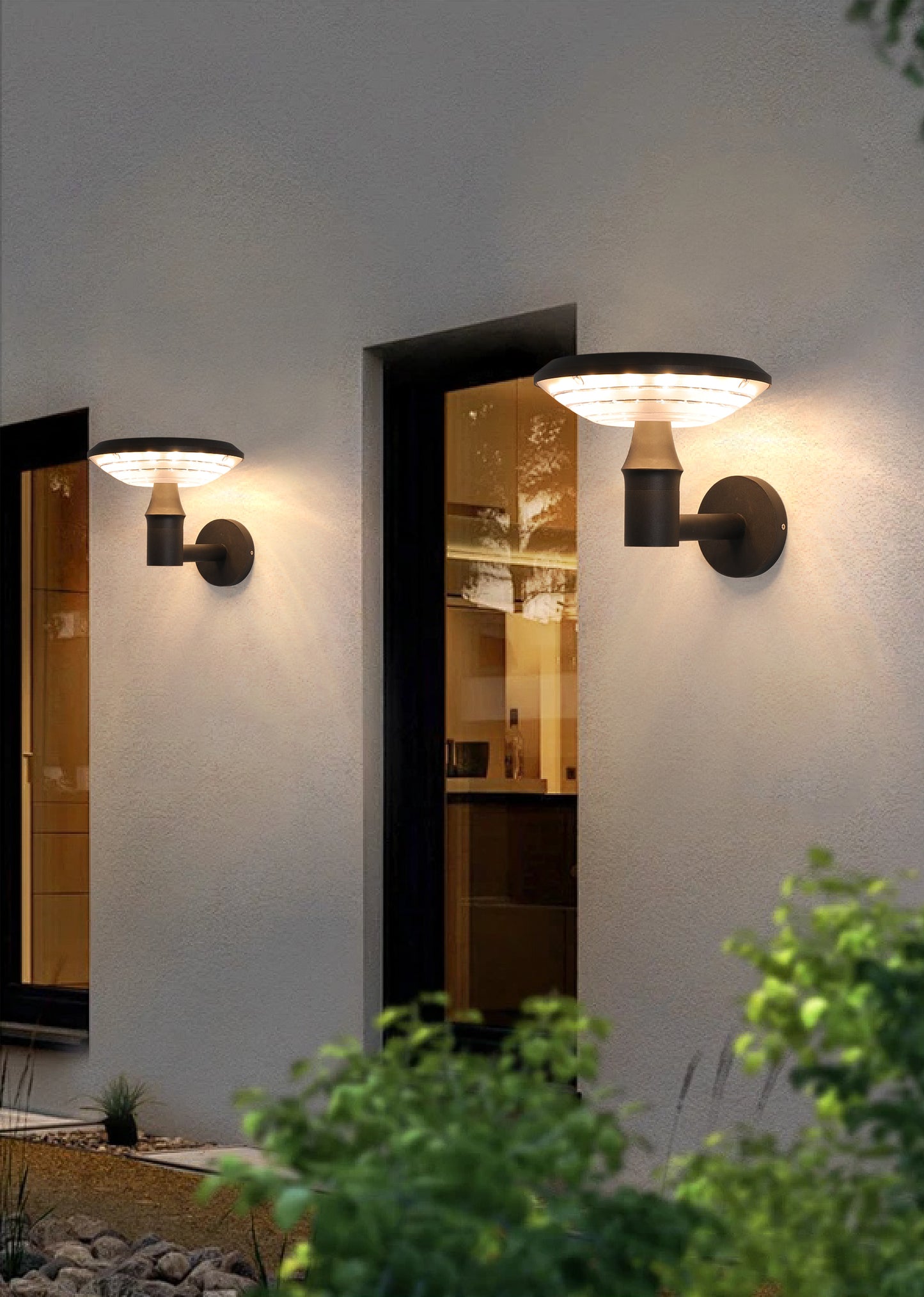 Round Moon Series solar wall lights BD3202 installed beside a modern house entrance