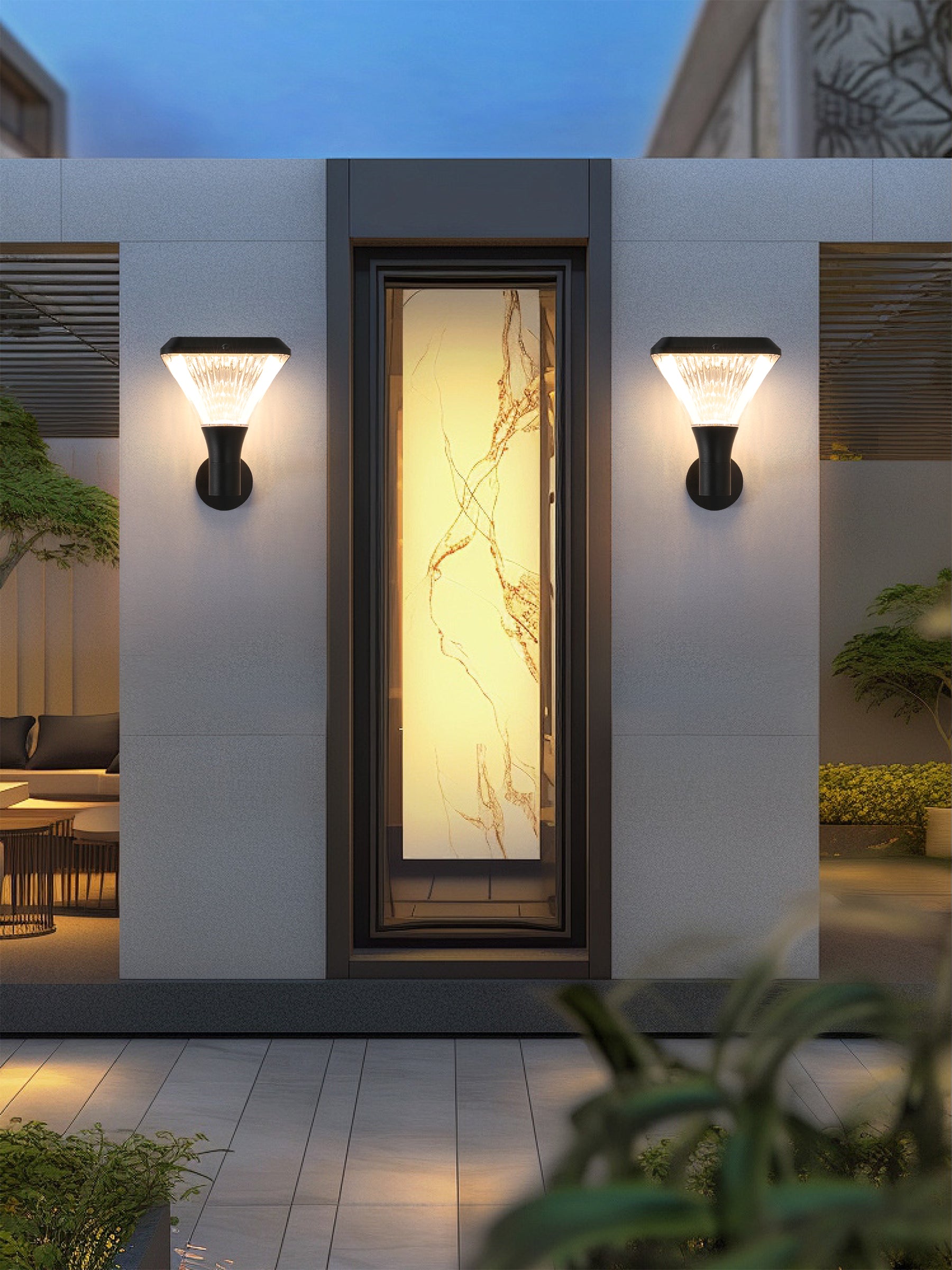 Square Diamond Series Solar Wall Light GT-BD1008 mounted beside a modern entrance for warm night lighting