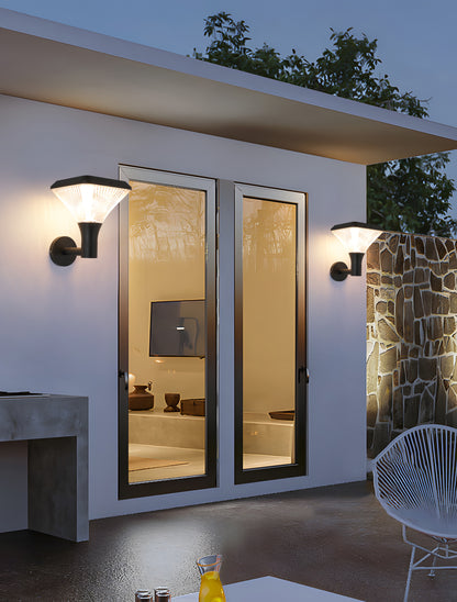 Square Diamond Series Solar Wall Light GT-BD1008 installed beside patio doors for outdoor wall lighting