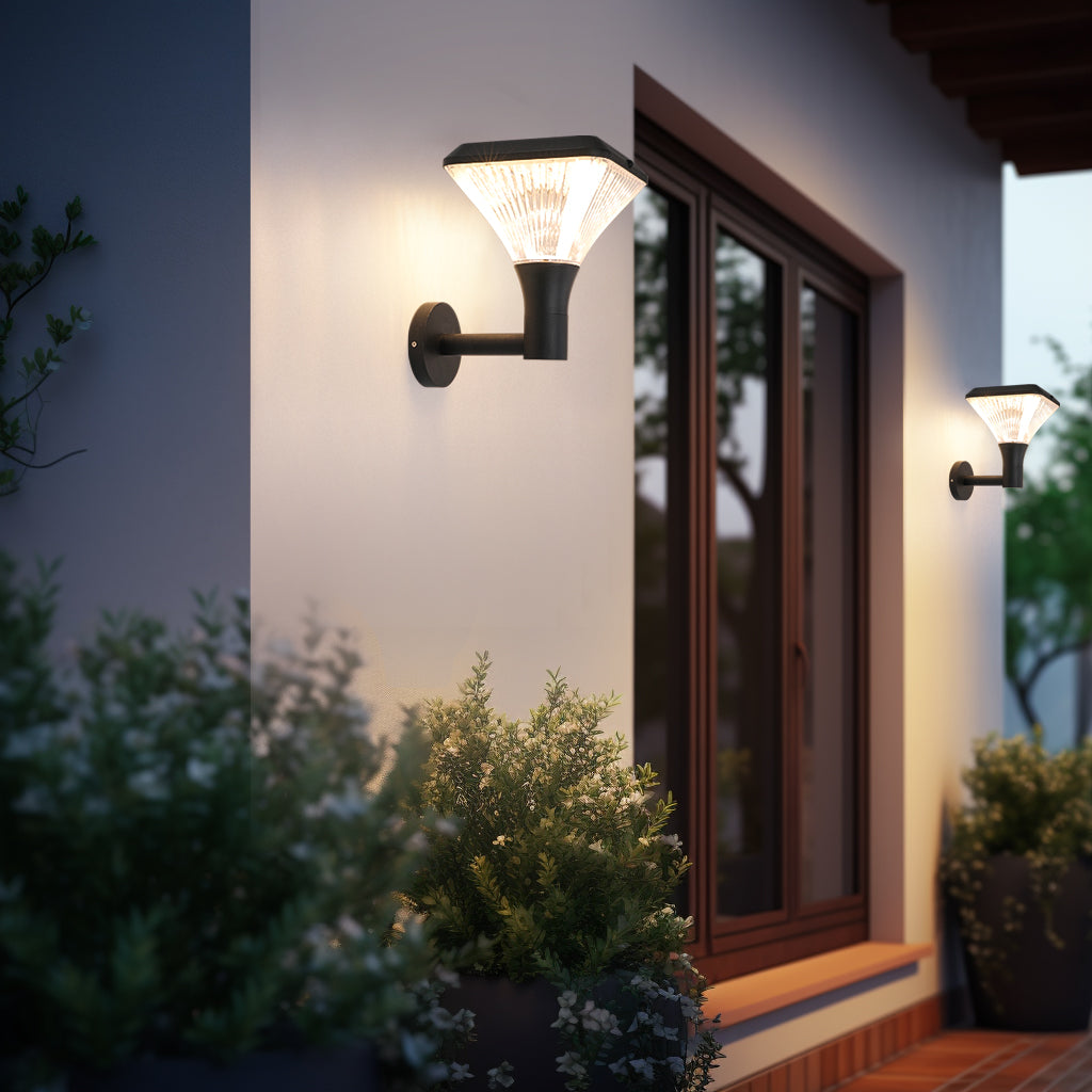 Square Diamond Series Solar Wall Light GT-BD1008 used on a residential exterior wall with warm decorative lighting
