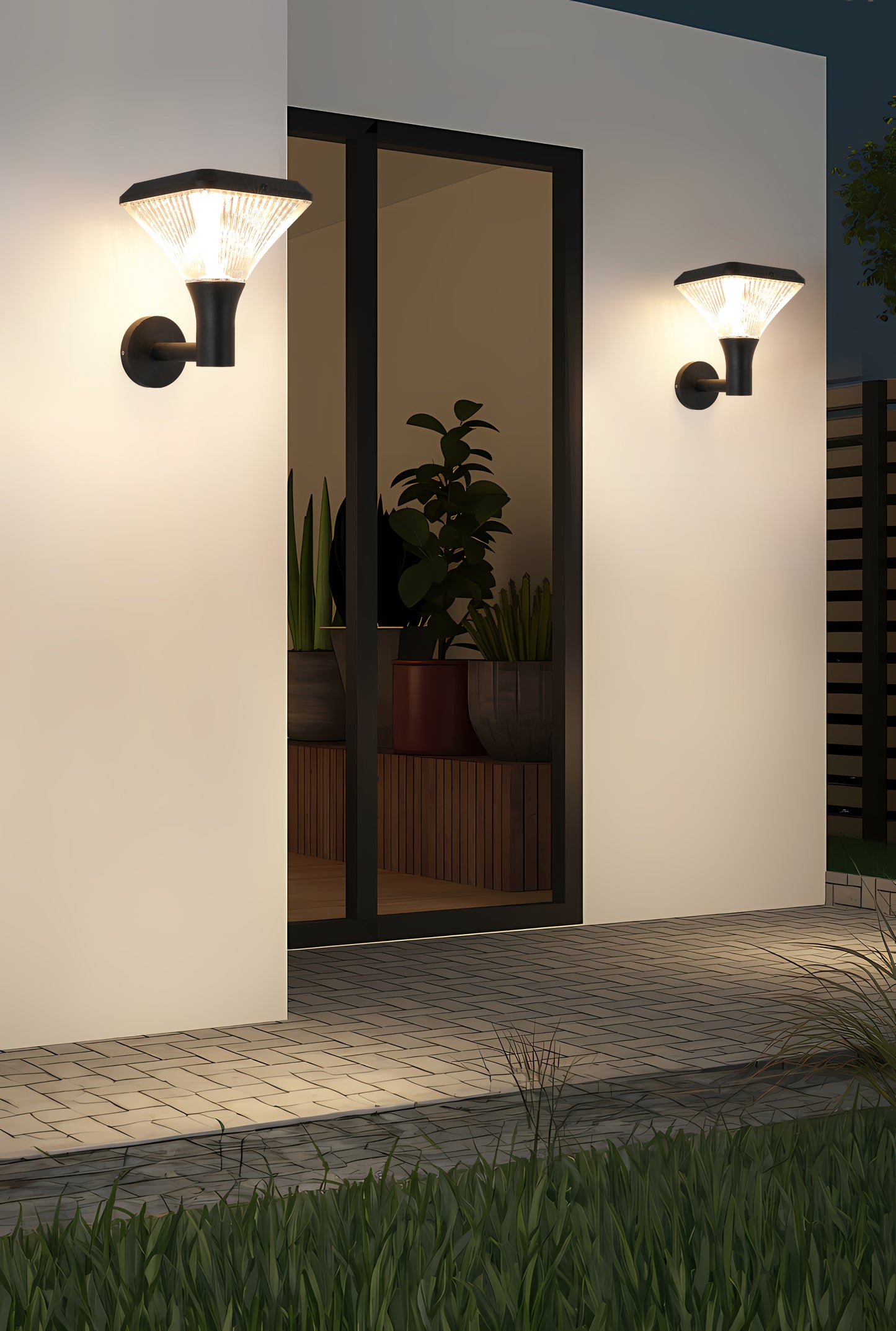 Square Diamond Series Solar Wall Light GT-BD1008 installed beside a villa entrance for warm exterior wall lighting