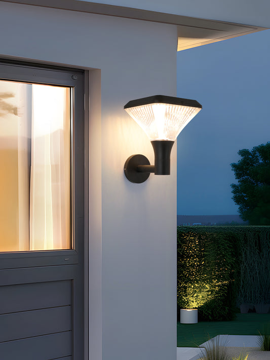Square Diamond Series Solar Wall Light GT-BD1008 lighting an exterior wall near a window and garden area