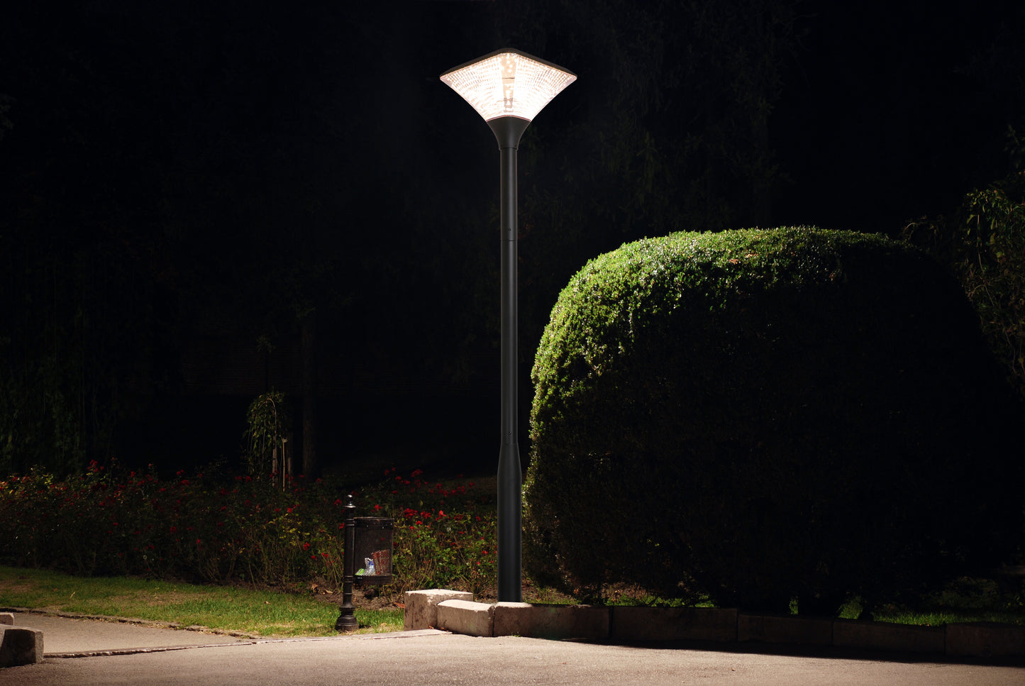 Square Series Solar Garden Light TYD2014 lighting a garden pathway beside landscaped shrubs at night