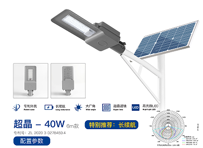 Super Crystal 40W long runtime split solar street light with 6V 70W solar panel and separate LED lamp head