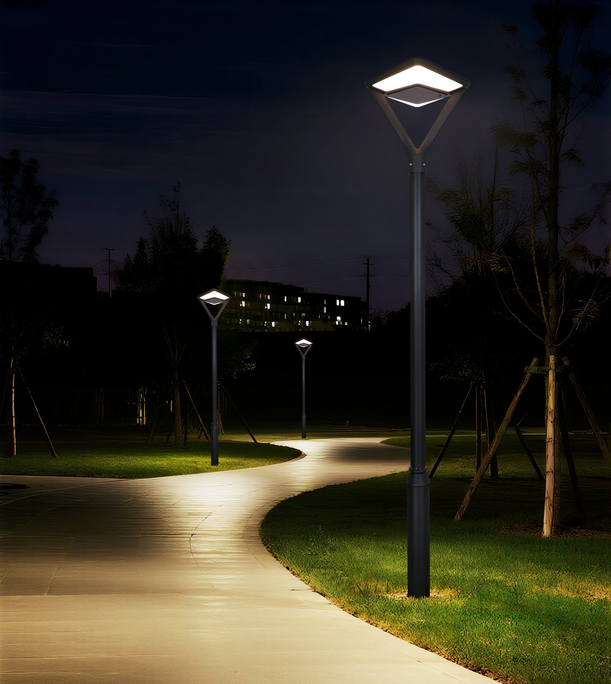 Twinstar Series solar garden light TYD3015 providing soft lighting for a park pathway at night
