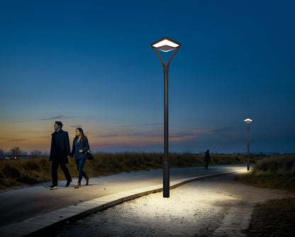Twinstar Series solar garden light TYD3015 illuminating a pedestrian pathway at dusk