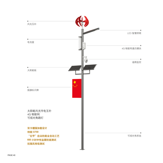 Wind-Solar Hybrid Series multifunctional solar street light with wind turbine, solar panels, LED lighting, battery box, 4G IoT module and road monitoring camera