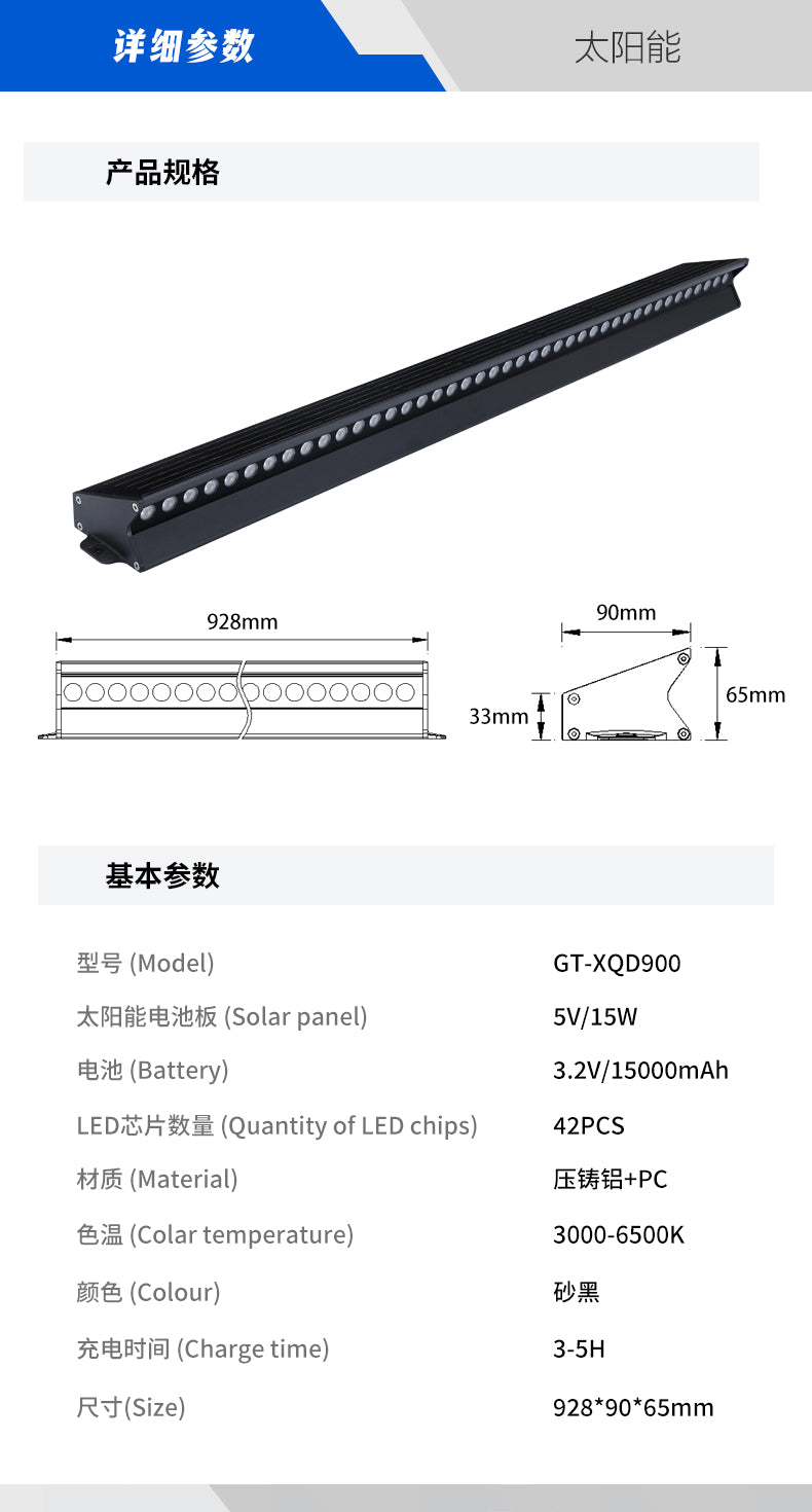 XQD900 Solar Wall Washer Light specifications with 928mm length