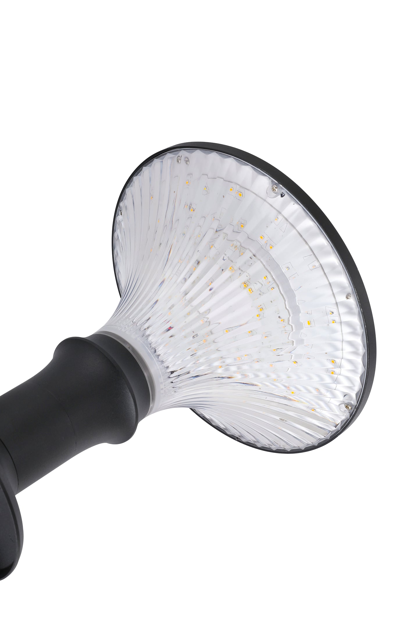 ZTD3002 solar pillar light angle view showing round solar panel top and black aluminum body