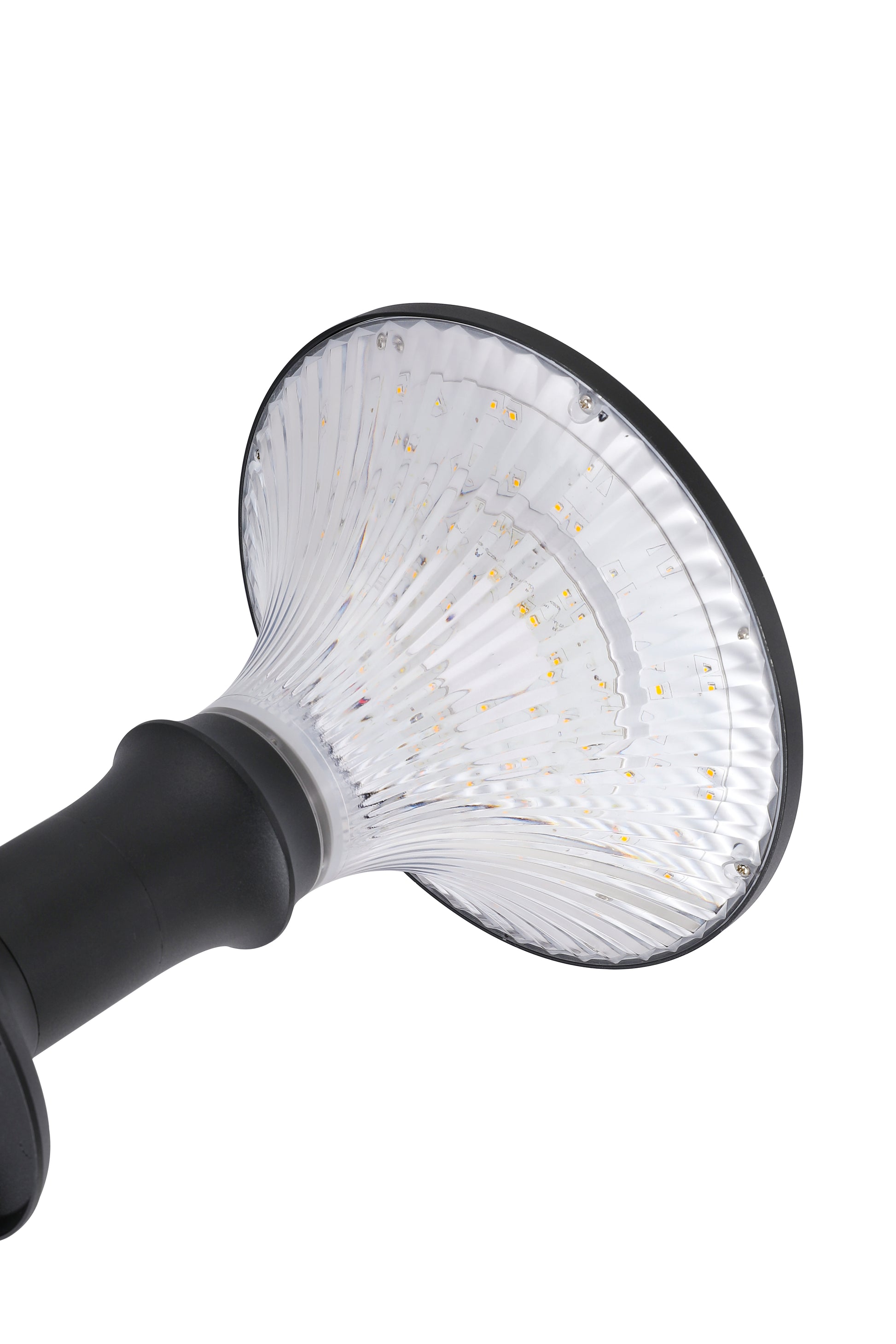 ZTD3002 solar pillar light angle view showing round solar panel top and black aluminum body