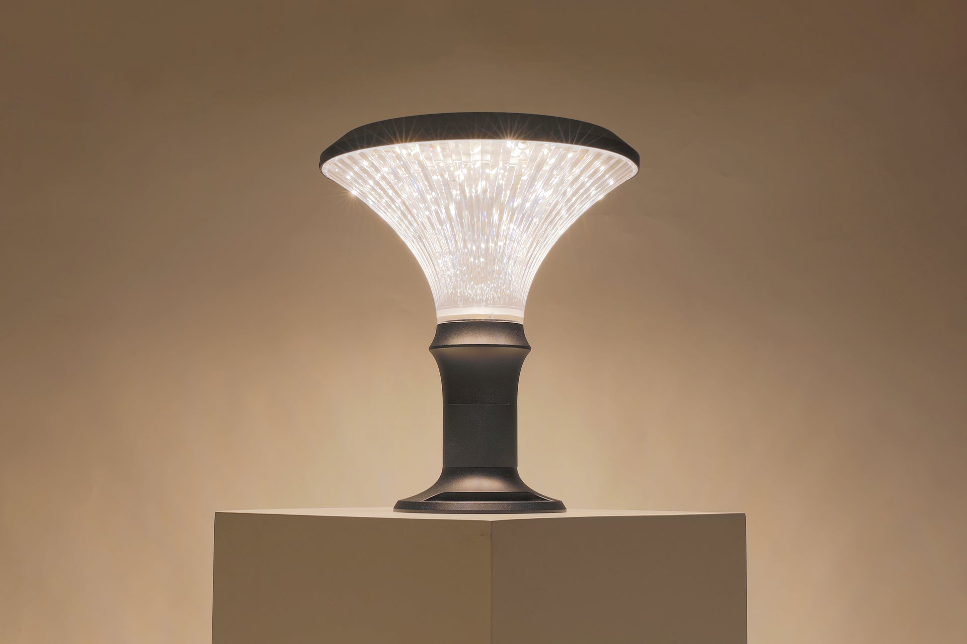 ZTD3002 solar pillar light front view with warm light and round diamond diffuser design
